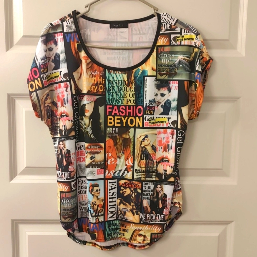 Graphic Magazine print women's top short sleeve shirt By LoveJ size Large
